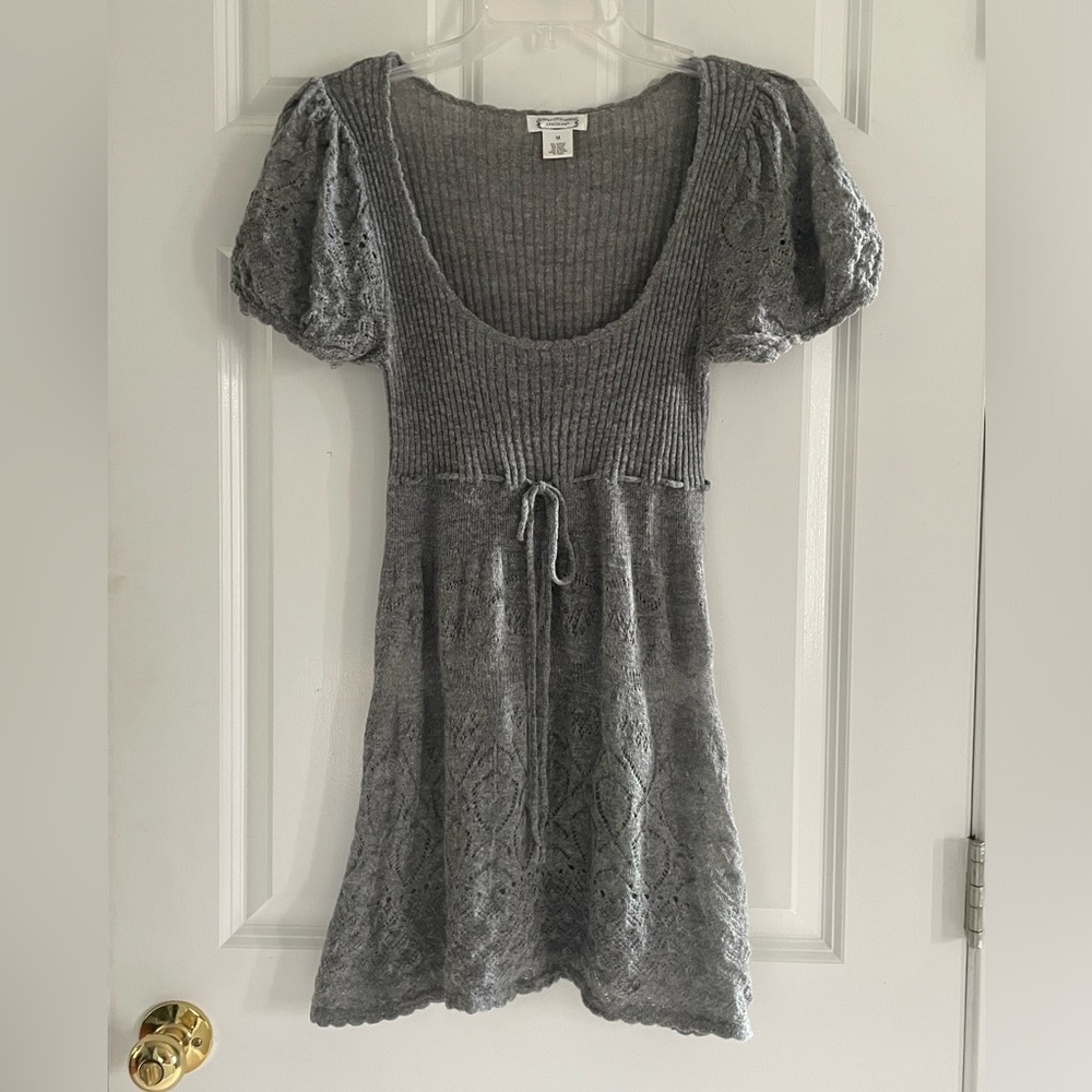 AphOrism Babydoll Top Medium Y2K Milkmaid Crochet Ribbed Gray Boho Alpaca Blend
